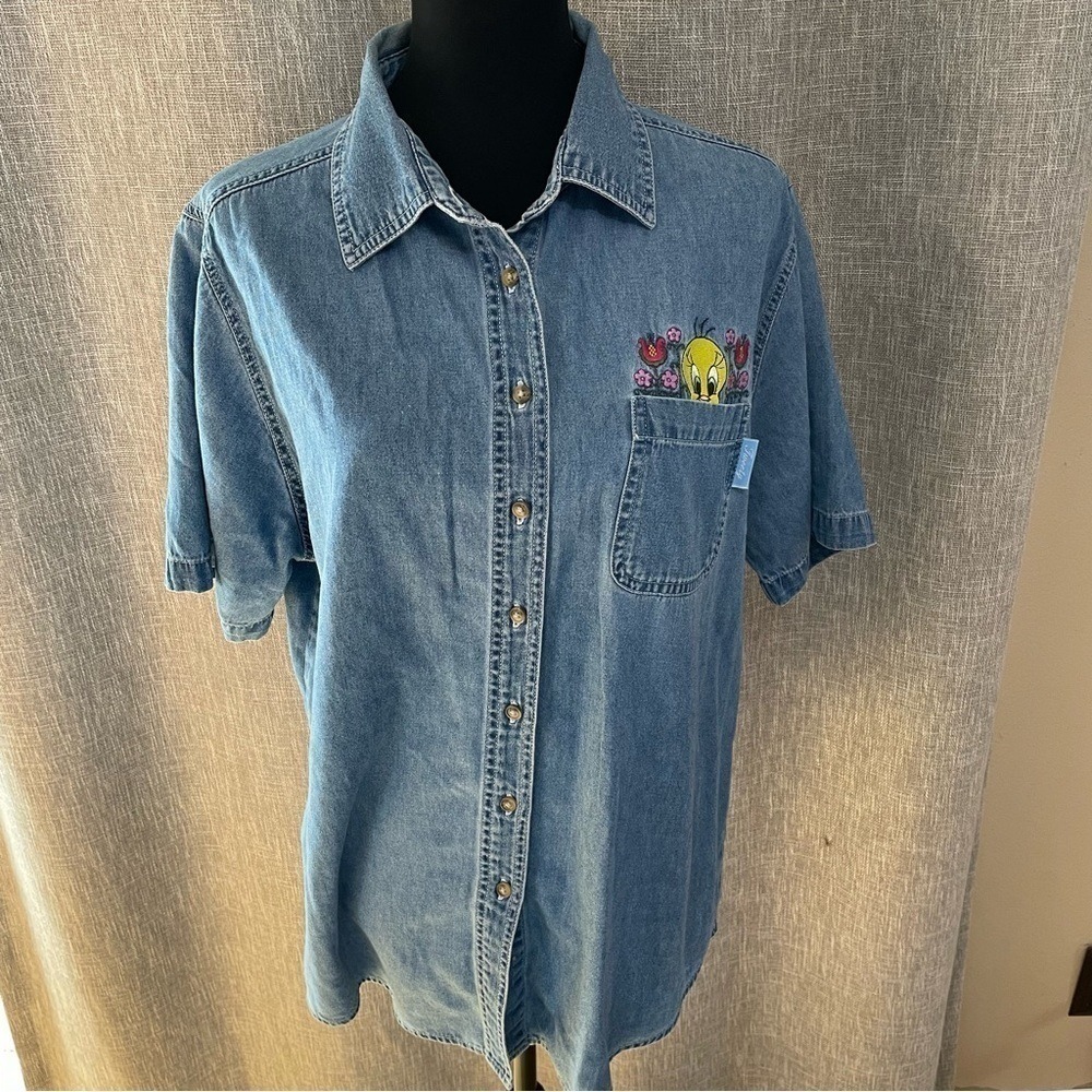 Looney Tunes Tweety Bird Denim Shirt Vintage 14W/16W‎ Embroidered Short Sleeve